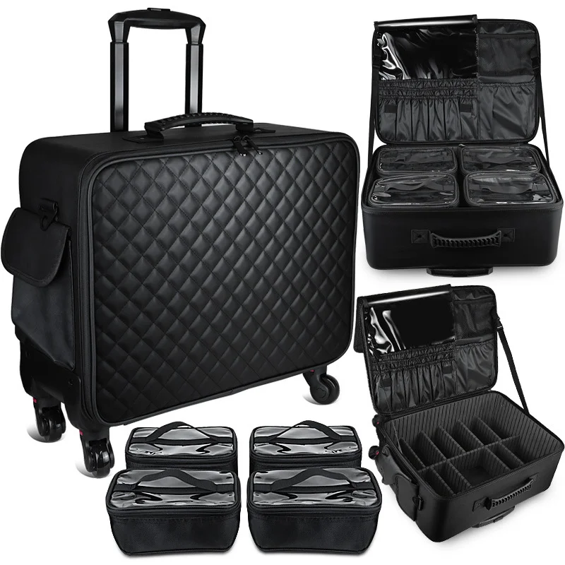 Large Capacity Professional Trolley Makeup Case Portable Makeup Bag for Makeup Artists Nail Art Embroidery Beauty Tools Storage