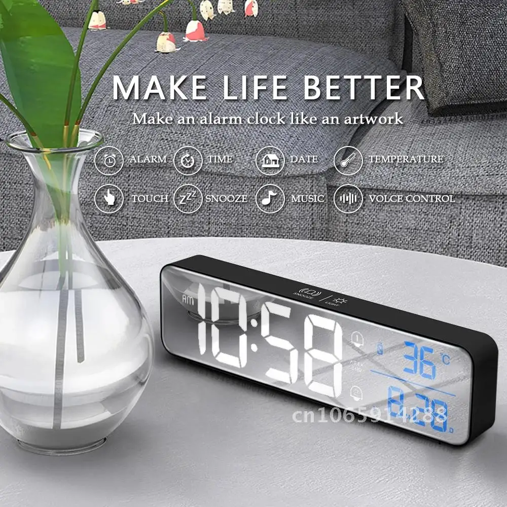Music Alarm Digital LED Clock Temperature Date Display Desktop Control Decoration Voice 2400mAh Clocks Table Mirror Home Battery