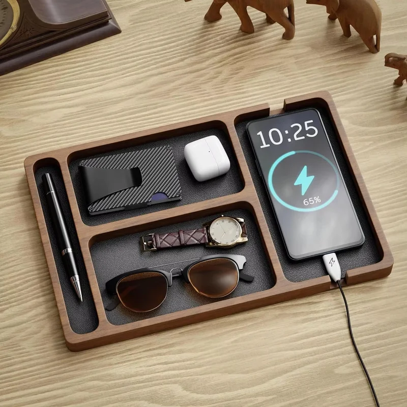 Office Desktop Storage Box Solid Wood Partition Storage Box Mobile Phone Headphone Debris Storage Box Wooden Storage Tray