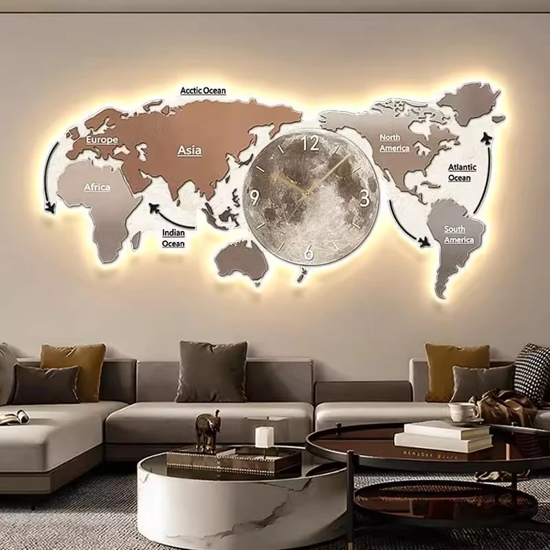 World Map Glowing Wall Clock Living Room Digital Clock Nordic Luxury Design Mural Lamp Villa LED Silent Wall Clock Home Decor