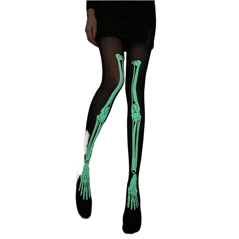 Super Bright Luminous Glow Dark Skeleton Bone Star Punk Gothic Rock Disco Women Pantyhose Sexy Alphabet Letter Night Party Dance