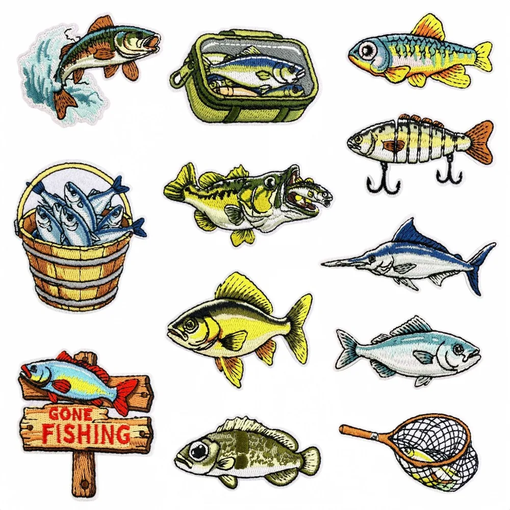 Fishing Elements Vintage Fishing Baskets Sea Fish Embroidery Patches DIY Backpack T-shirt Iron on Patch Sewing Sticker Applique