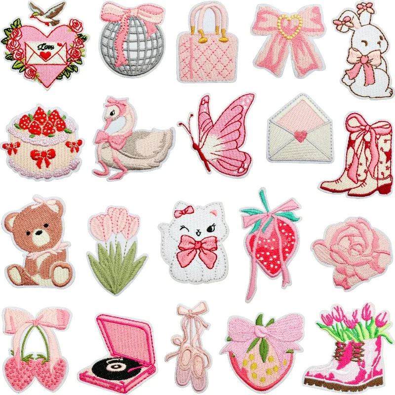Sweet Pink Love Letter Couple Cake Strawberry Flower Iron-on Embroidery Badge Patch DIY T-shirt Dress Backpack Clothing Sticker
