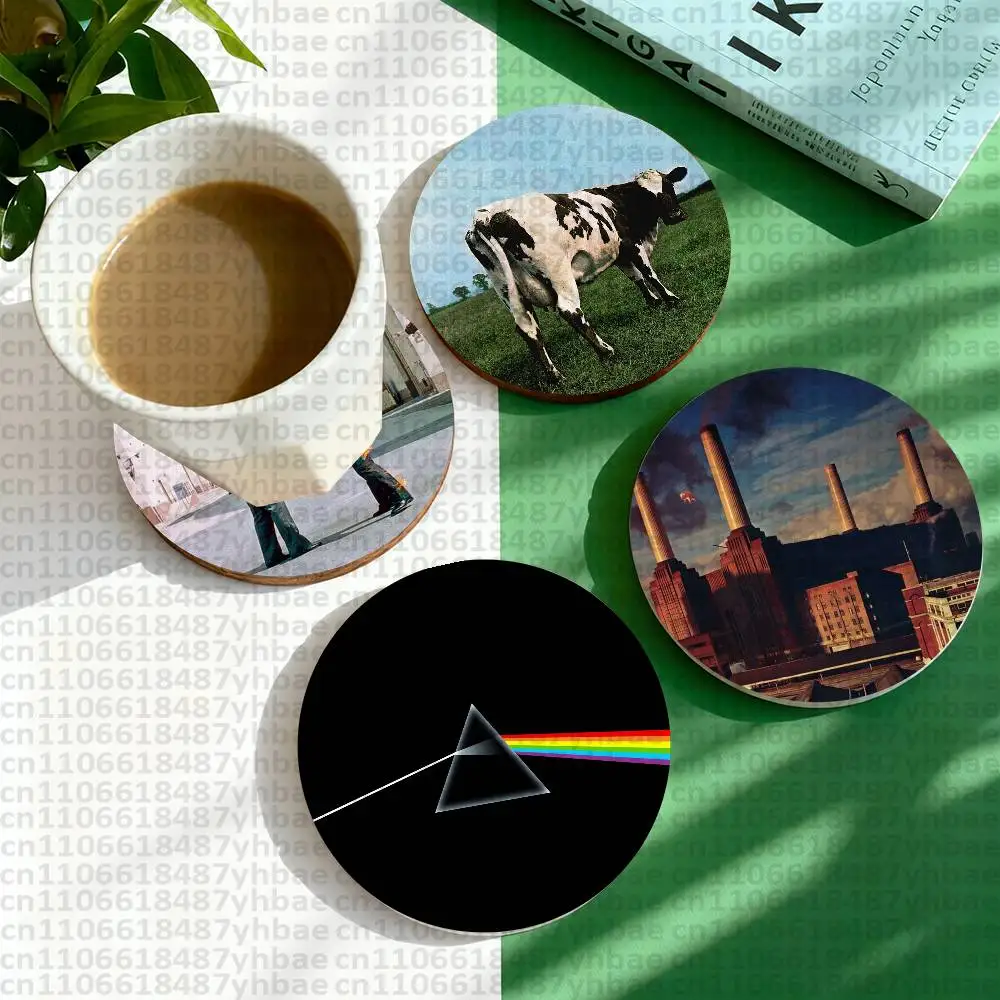 P-Pink F-Floyd Dark Side of the Moon Round Wooden Coasters Heat Resistant Non-slip Drink Cafe Decoration 2D Flat Color Print Set