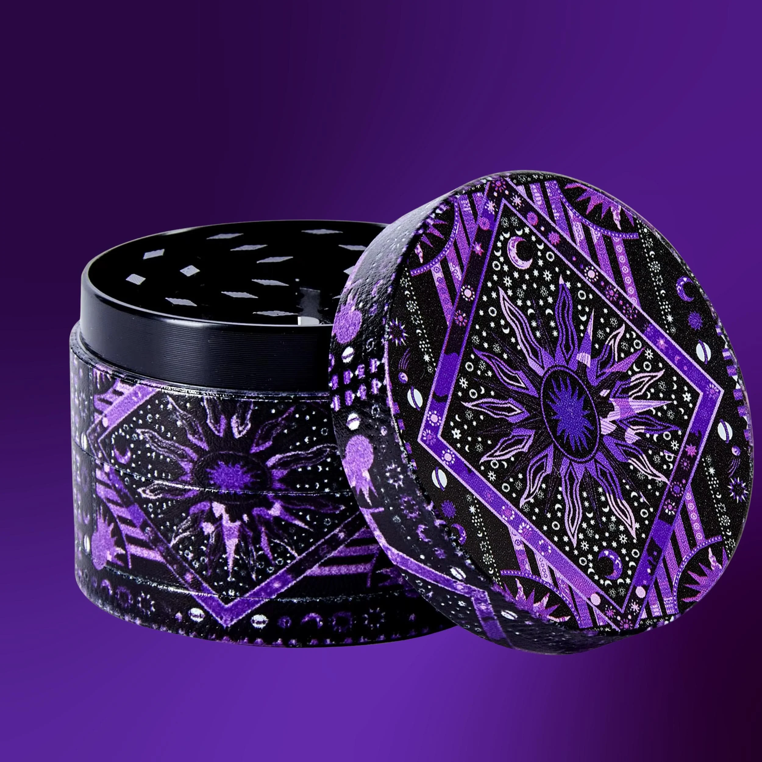 Psychedelic Sun Moon Herb Grinder | 4-Layer Zinc Crusher 4-Layer Grinder with Pollen Catcher