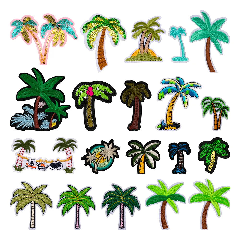 Sequin Cotton Coconut Tree Plant Embroidery Patch DIY Hat Backpack T-shirt Iron on Patches Sewing Sticker Applique Decor Repair