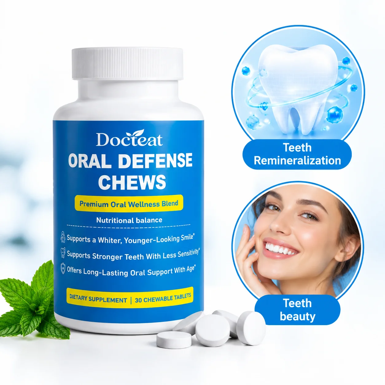 Hydroxyapatite Chewabl Teeth Remineralization Whitening Dental Health Oral Freshness Vitamin C Zinc 30pcs for Tooth Sensitivity