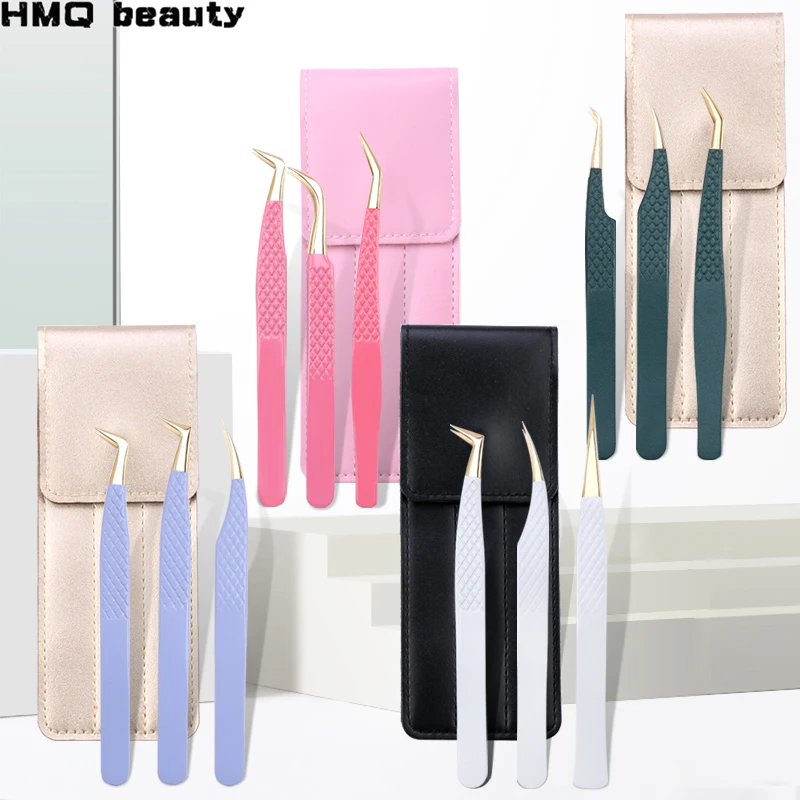 3Pcs Eyelash extension Tweezers Set With Bag Stainless Steel Accurate 3D Volume Fan Lash Eyebrow Tweezer Makeup Tool Accessories