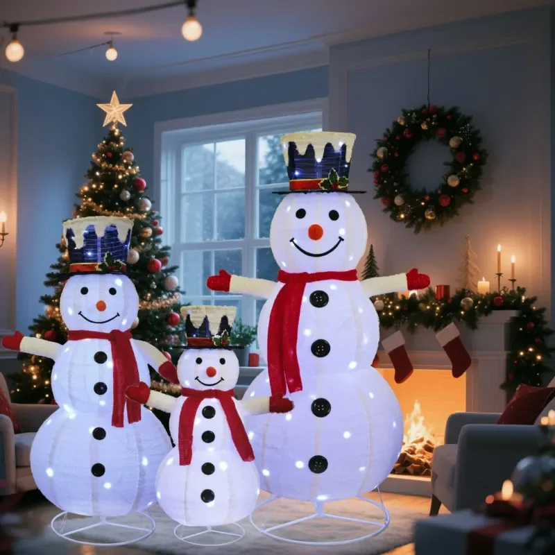 Foldable LED Light Up Snowman Christmas Decoration Wrought Iron PVC Fabric Holiday Ornament 90-150cm High