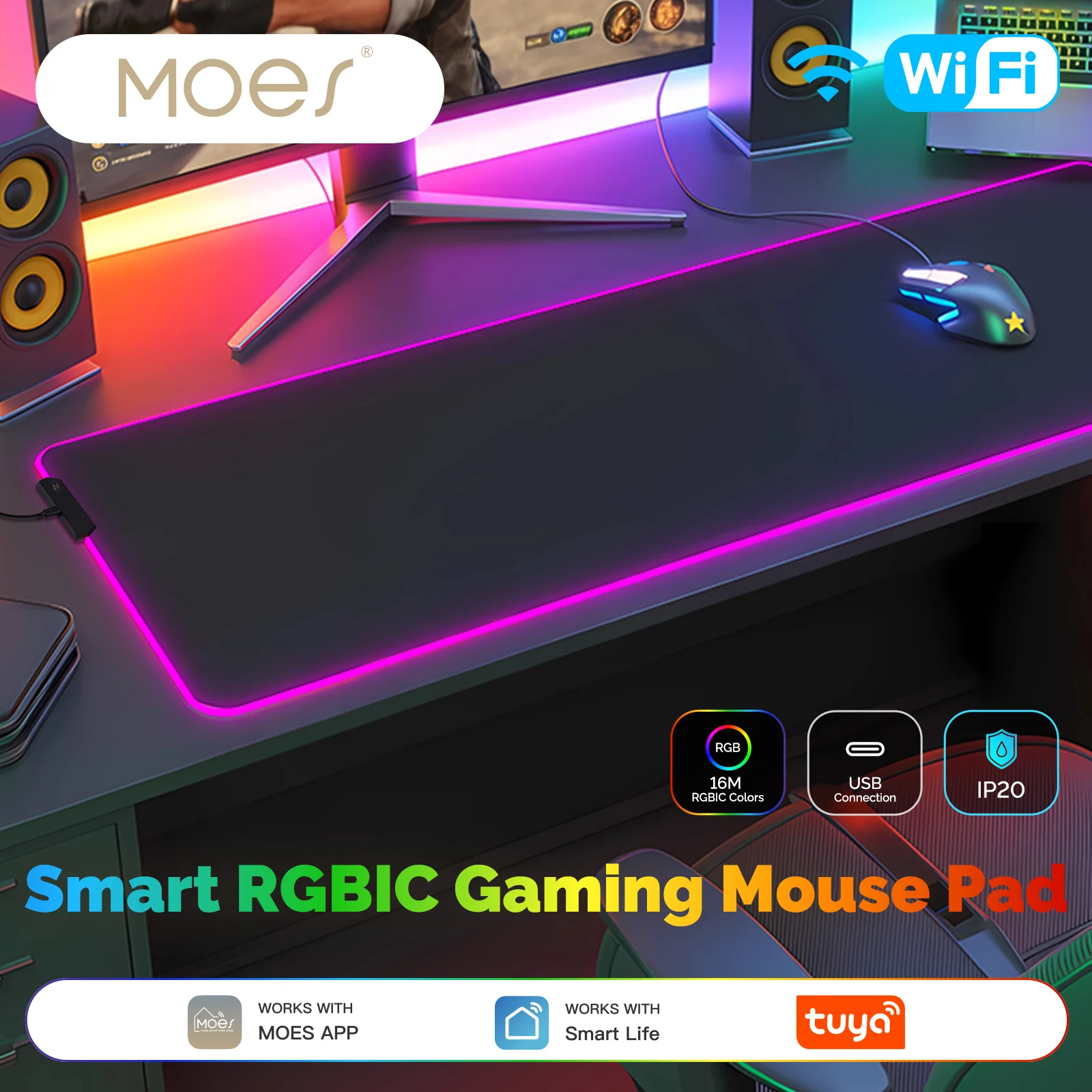 RGBIC Gaming Mouse Pad, WiFi Smart APP Control 16 Million Colors LED Desk Mat, Waterproof for PC Computer Game