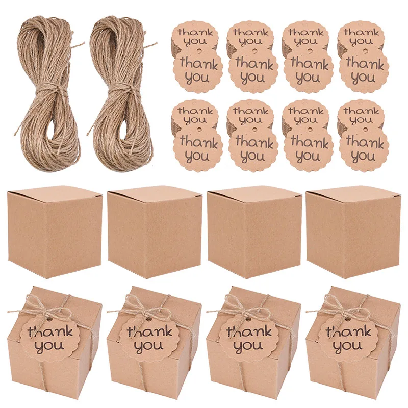 10/20/50pcs Paper Pillow Candy Box Kraft Paper Square Candy Box With Thank You Tag For Baby Shower Birthday Wedding Party Decor
