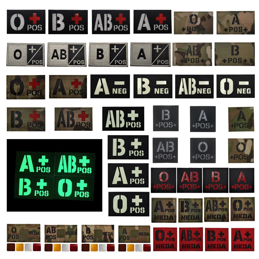CP Camouflage Laser Cutting Reflective Blood Type Badge, 5 Pieces A Tactical Blood Type Set, Luminous Patch A-NEG Backpack Patch