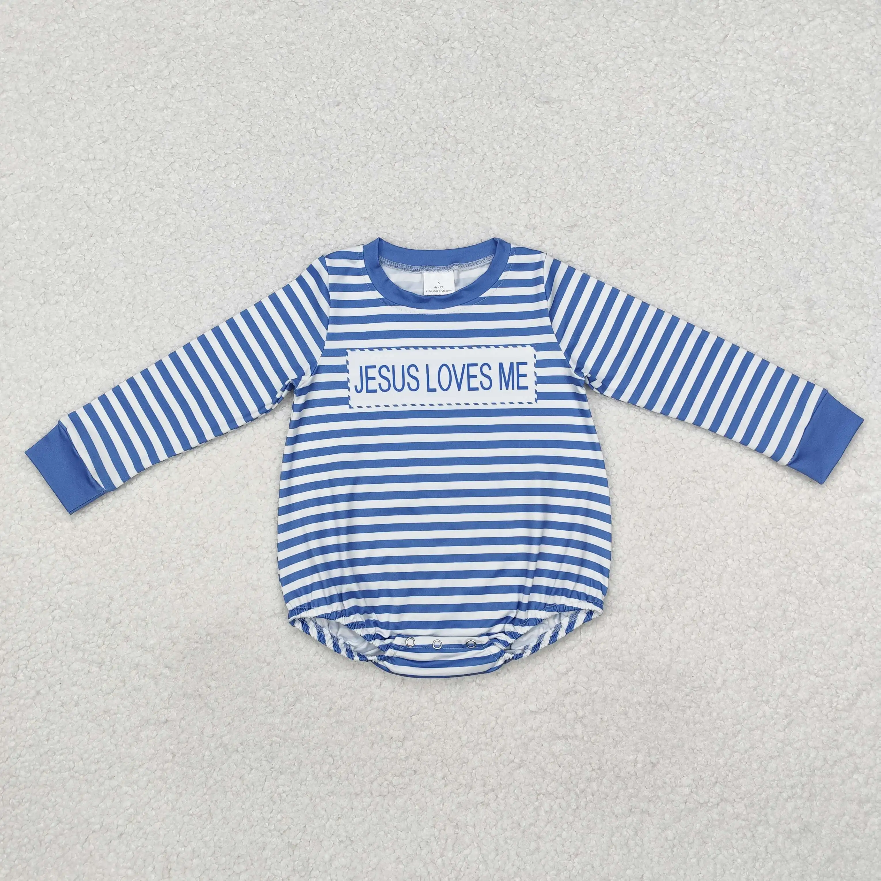 Jesus Loves Me Blue Stripes Print Baby Boys Fall Romper RTS Wholesale Boutique Infant Baby High Quality Factory Price Clothes