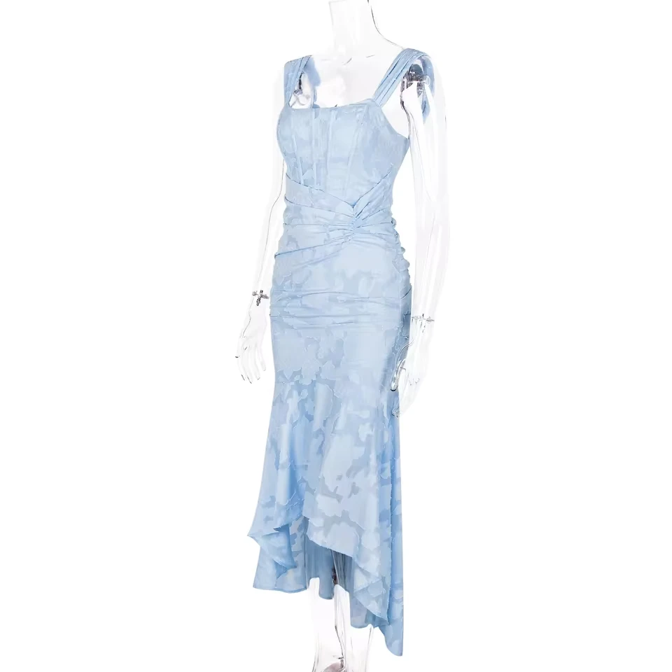 Autumn New Square Collar Jacquard Pleated No Sleeve Fish Tail Tank Dress Elastic Net Fabric Direct From Factory Fast Selling