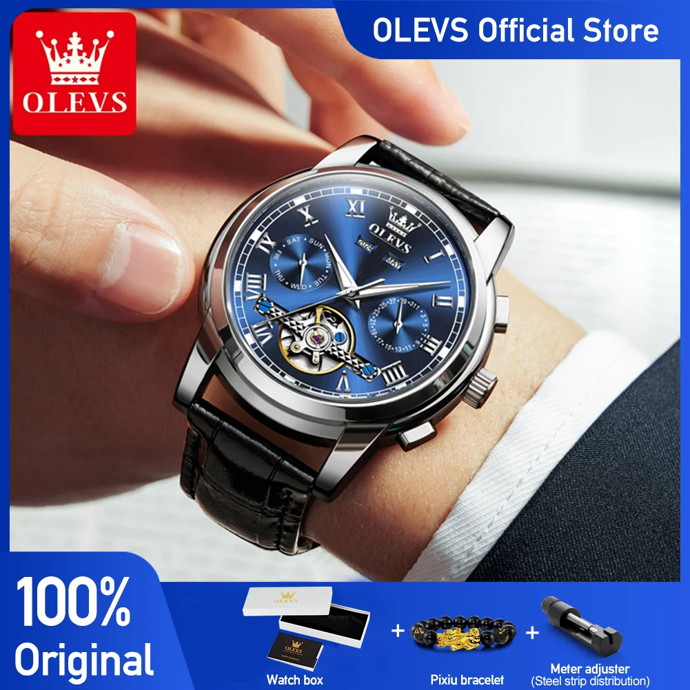 OLEVS 6607 Luxury Men Mechanical Watch Skeleton Flywheel Timekeeping Calendar Dial Night Light Waterproof Business Watch