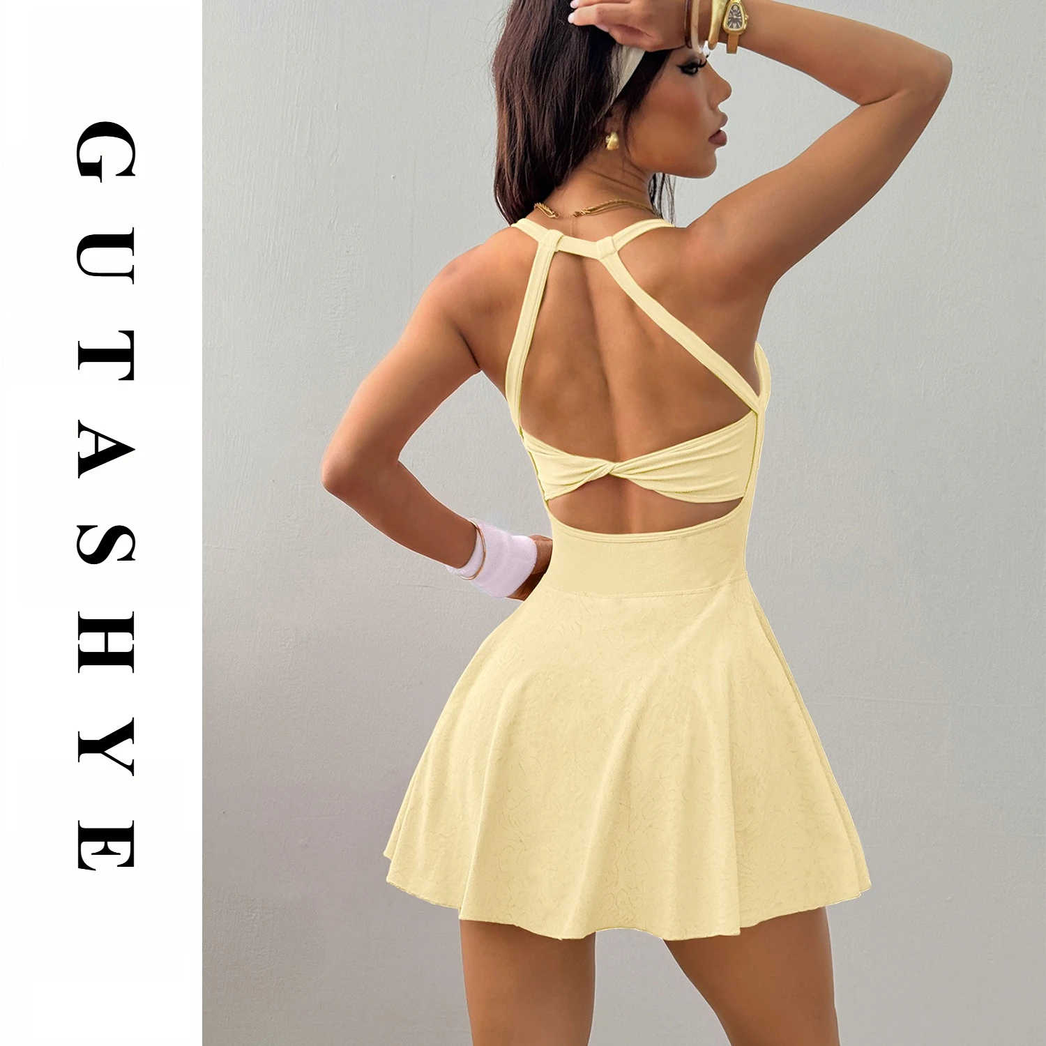 Women Naked Feel Yoga Tennis Dress With Pockets Quick Dry Breathable Anti-Exposure Running Fitness Sports Dress