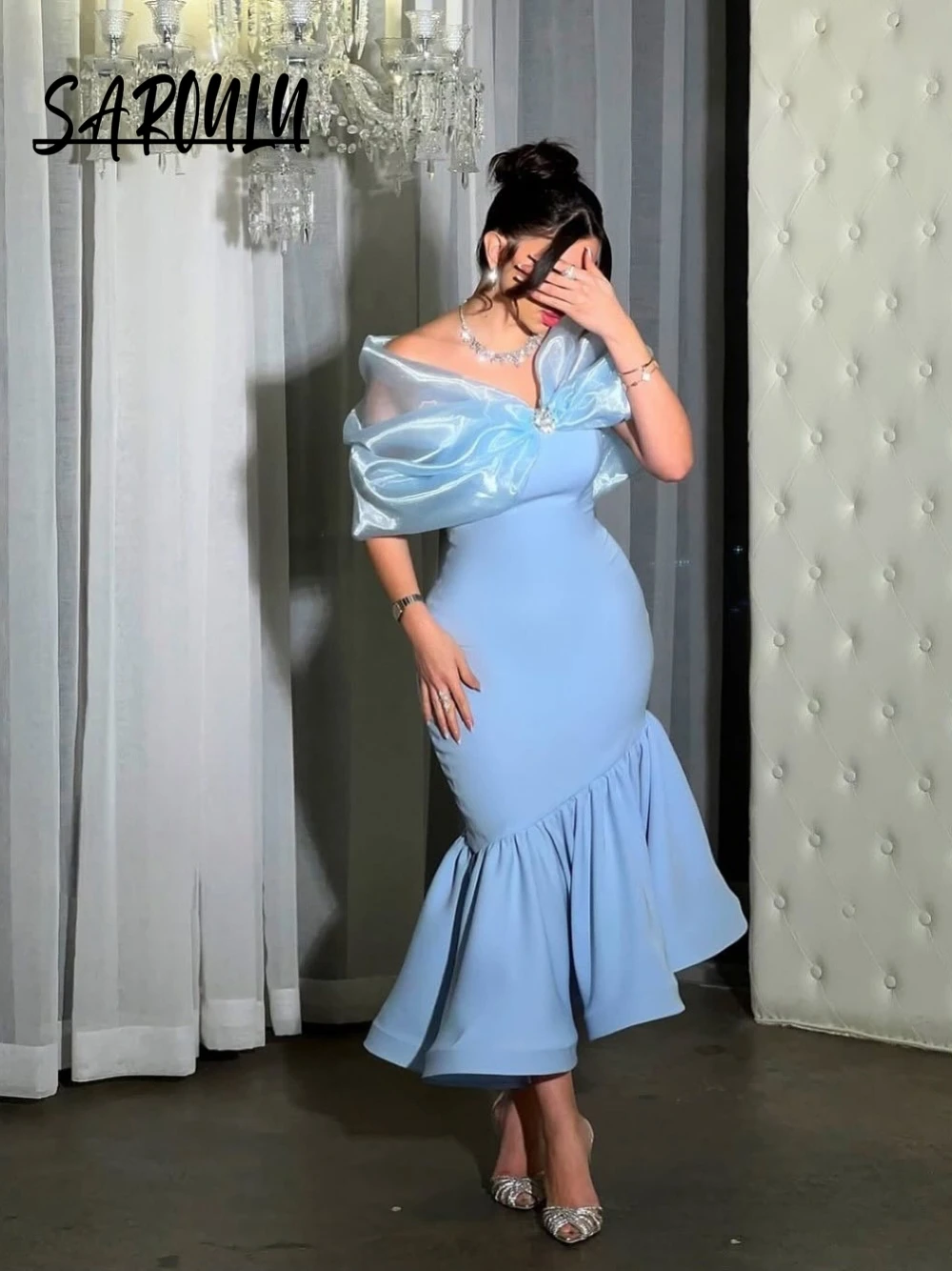 Blue Fitted Mermaid Graceful Evening Dress New Arrival Satin Chic Off Shoulder Cocktail Gown Birthday Party Fast Shipping