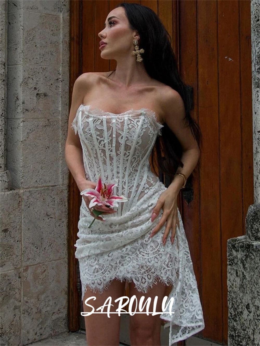 Couture Lace Corset Wedding Dress for Women, Chic Short Beige Lining Bride Dresses 2026, Fast Shipping Women's Mini Bridal Gown