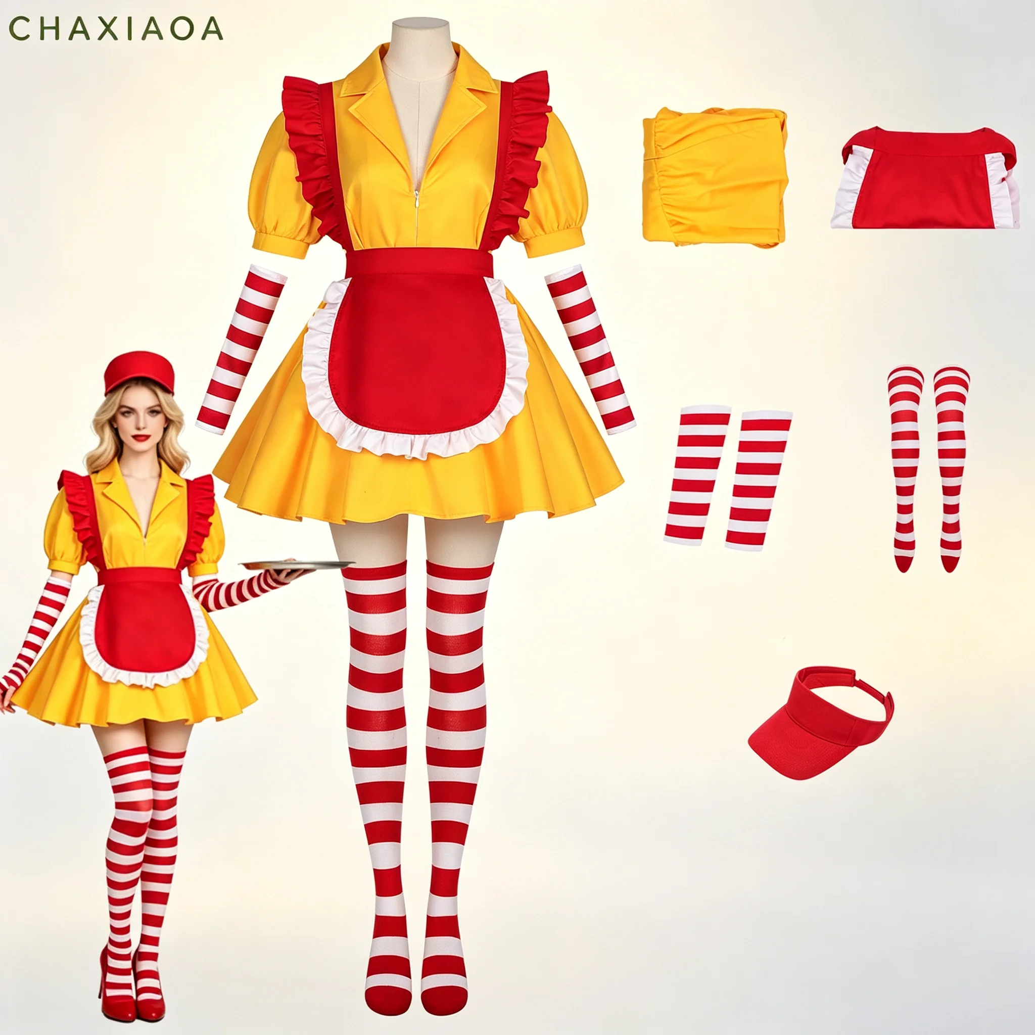 Fast Food Waitress Maid 2 Broke Girls Cosplay Costume Women Yellow Dress Apron Full Set Halloween Bar Party Performance Outfit