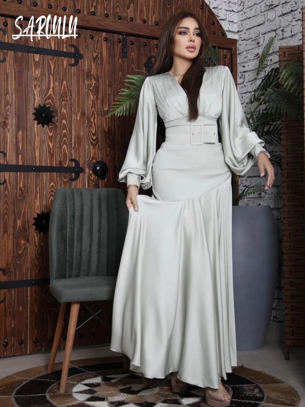 Romantic Big Swing Evening Dress With Belt Elegant Women V Neck Prom Gown Exclusive Satin Arabic A Line Robe Fast Shipping