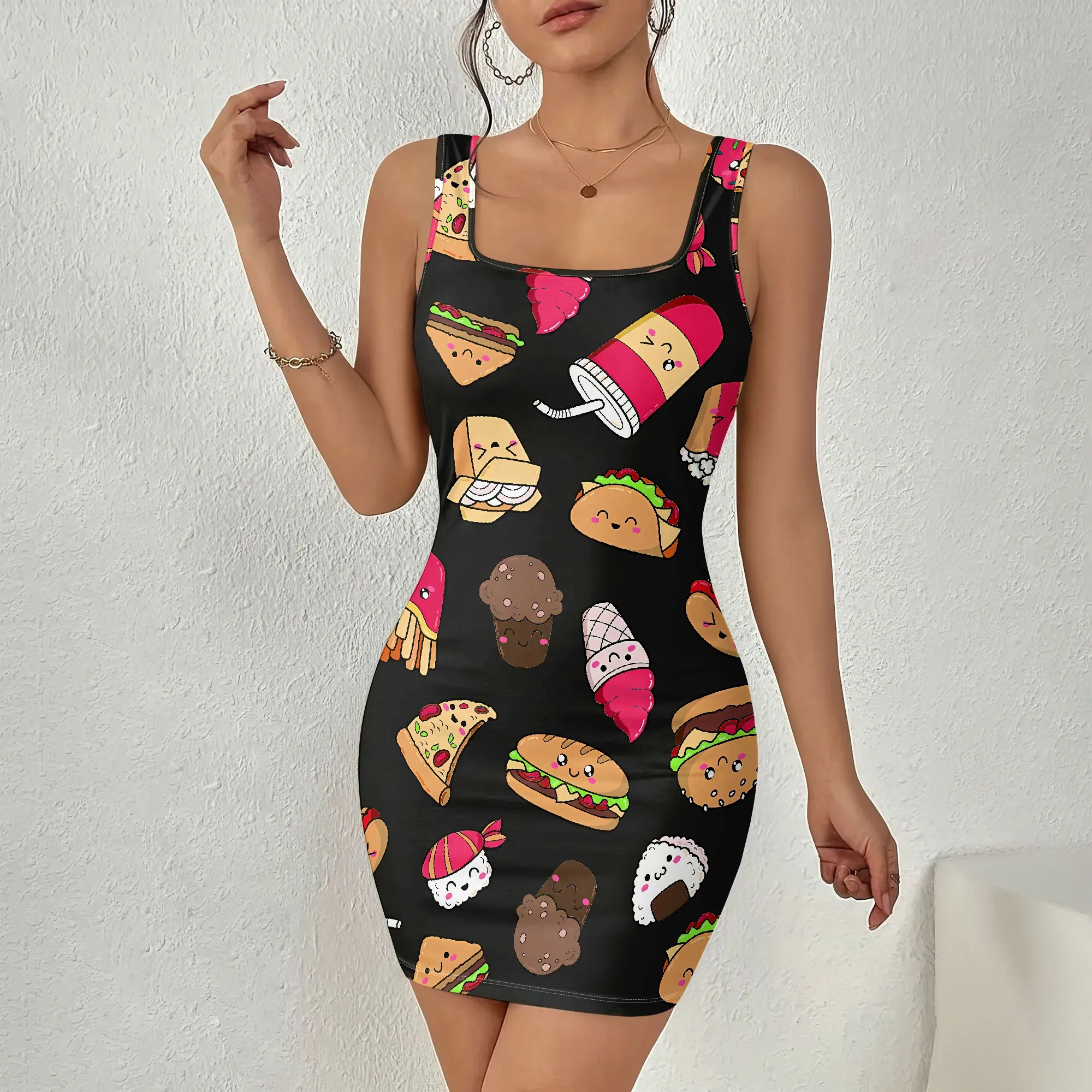 Cute Kawaii Food Print Dress, Cartoon Fast Food Mini Dress, Summer Sleeveless Bodycon Party Wear, S-2XL
