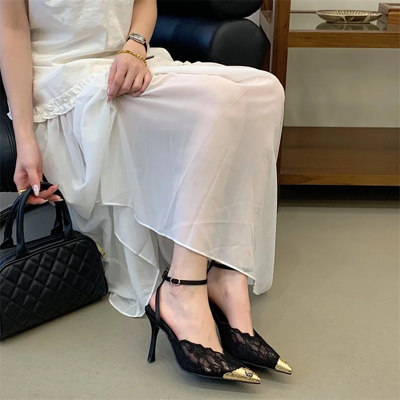 Women's Pink Lace Gold Toe Cap Pointed Ankle Strap Stilettos, Wedding Party Evening Footwear, Drop Shipping Fast Ship Free Gift