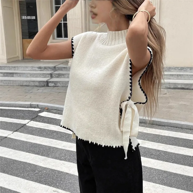 Women's Fast Selling Sleeveless Sweater Vest Simple Design Top Contrasting Colours Bow Tie Ties Comfortable White Dress