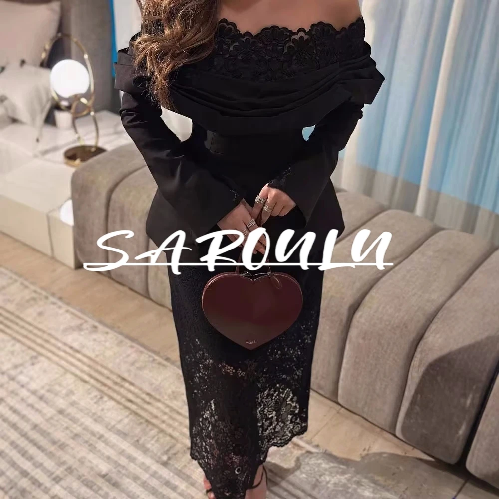 Black Lace Off Shoulder Evening Dress Elegant Straight Sexy Kaftan Prom Gown Arabic Casual Popular Party Robe Fast Shipping