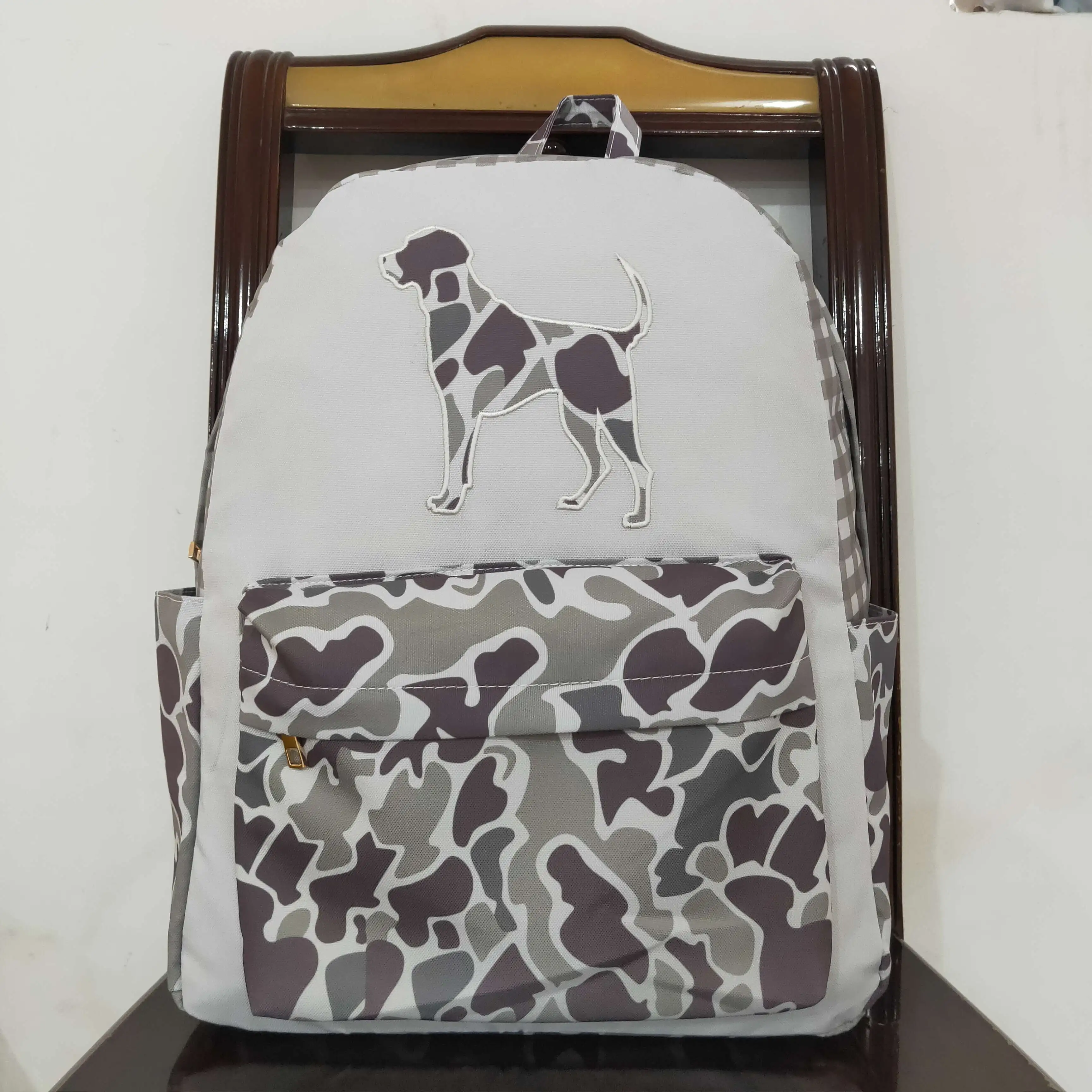 Wholesale Baby Boy Backpack Embroidery Dog Hunting Gray Camo Daypack Toddler Children Outdoor Portable Kids Boutique School Bag