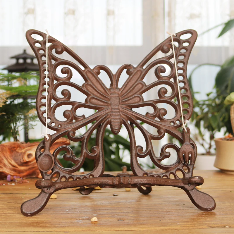 Rustic Cast Iron Butterfly Menu Brochure Holder Foldable Farmhouse Wrought Iron Countertop Cookbook Holder Painting Easel Stand
