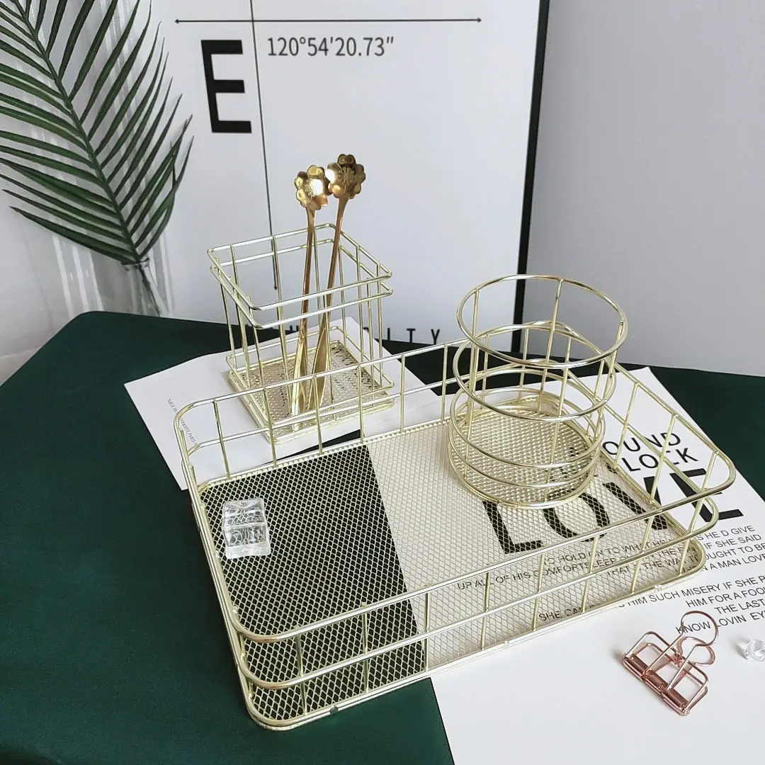 Gold Metal Iron Makeup Pen Storage Basket Nordic Makeup Brush Storage Box Desktop Sundry Storage Lipstick Brush Holder Iron Art