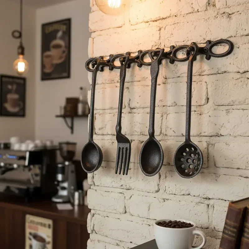 Rural Retro Cast Iron Utensil Wall Décor Wrought Iron Accessories Wall Decoration Hook for Kitchen, Dining Room or Bar