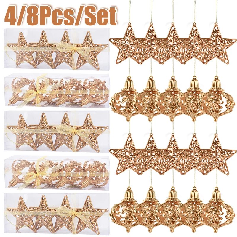 4/8pcs Hollowed Out 3D Star Pendant Plastic Christmas Tree Hanging Ornament for Xmas Party Home Decoration 2025 New Year Navidad