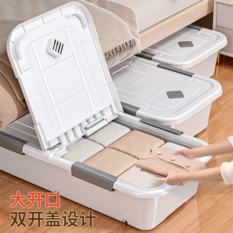 Wheeled Underbed Storage Box Plastic Organizer Clothes Blankets Household Items Bed Bottom Drawer