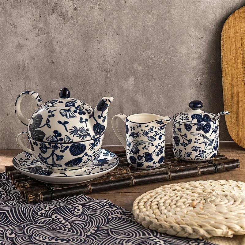 Ceramic Coffee Tea Set Korean Blue and White Porcelain Teaware Sets 1 Person Teapot Cup Milk Jug Sugar Bowl Home Bar Drinkware