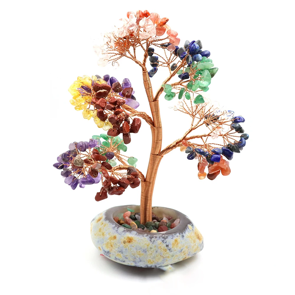 Natural Stones 7 Chakra Crystal Money Tree Copper Wire Wrapped Agate Base Healing Gemstone Yoga Feng Shui Trees Home Decoration