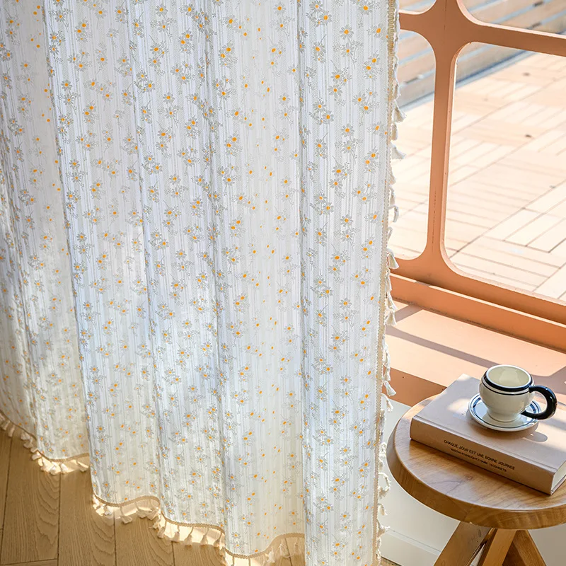 Floral Farmhouse Curtains Semi-Blackout Living Room Drapes Cotton Bohemian Window Curtain with Tassel, Rod Pocket, 1 Panel