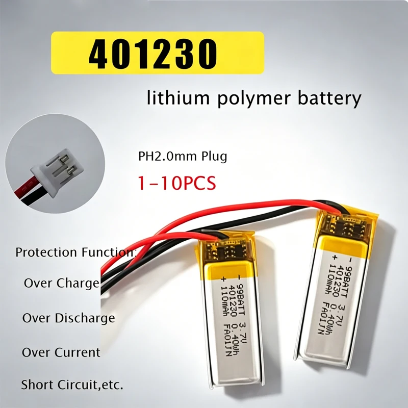401230 3.7V 110mAh Rechargeable Polymer Li-po Battery for Bluetooth Speaker Headphones Desk Lamp Wireless Mouse Tablet Massager