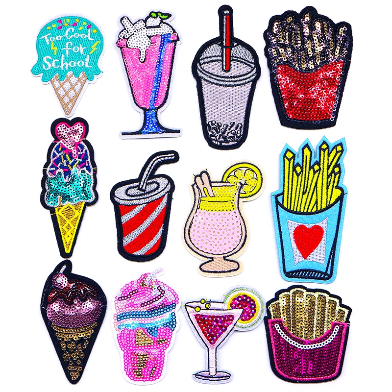Kawaii Shiny Heart-Shaped Ice Cream Drink Fries Sequin Patch Sew on Cartoon Badges Appliques for Clothing
