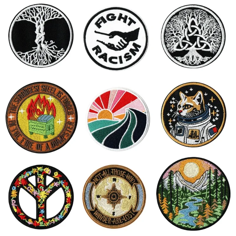 Life Tree Astronaut Peace Round Iron-on Sew Embroidered Badge Patches for DIY T-shirt Backpack Clothing Appliques Sticker