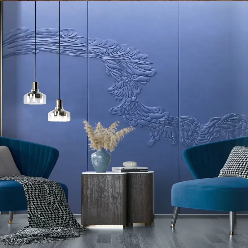 Zhenling Blue Leather Embroidered Leather Embossing Wall Panel for Indoor House Wall Decoration