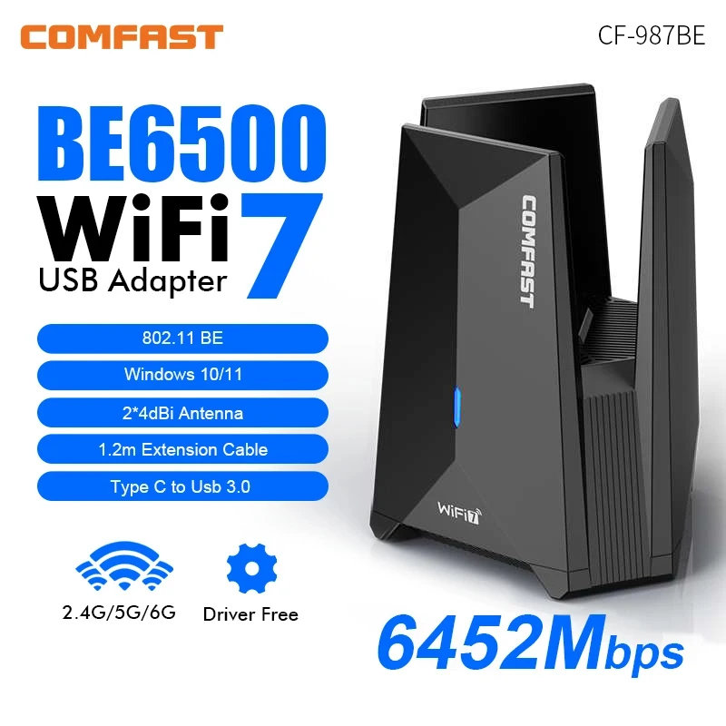COMFAST wifi 7 USB 3.0 Wi-fi adapter BE6500 6G/5G/2G Network Card 3*5dBi Antennas Wifi7 PC Receiver Extension Cable