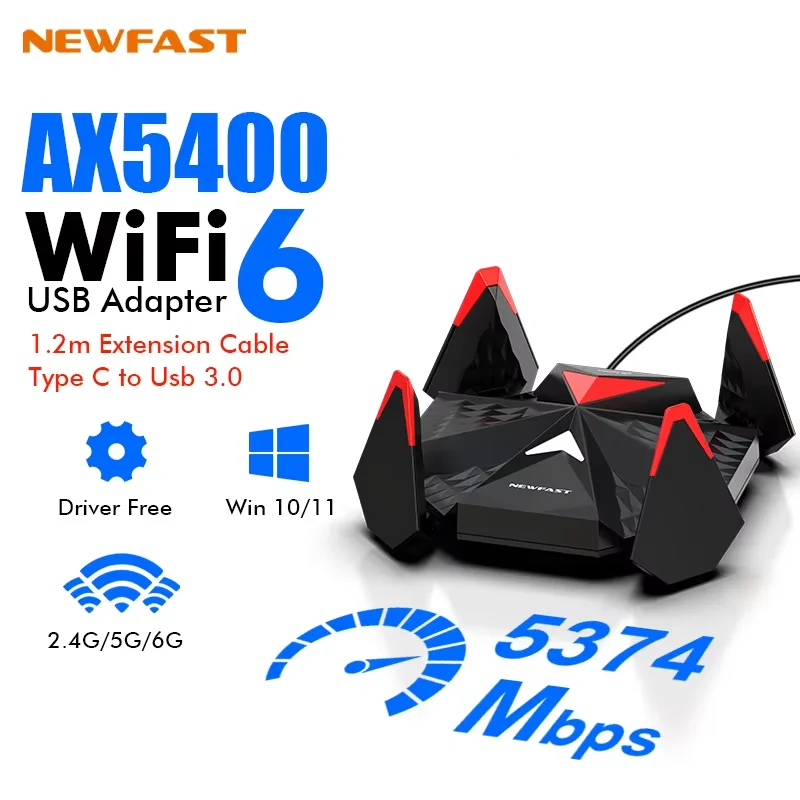 Newfast Adaptador Wifi 6 Usb 3.0 Adapter AX5400 6G/5G/2G High Gain Antena Para Wifi6 PC Cle Network Card ReceiverExtension Cable