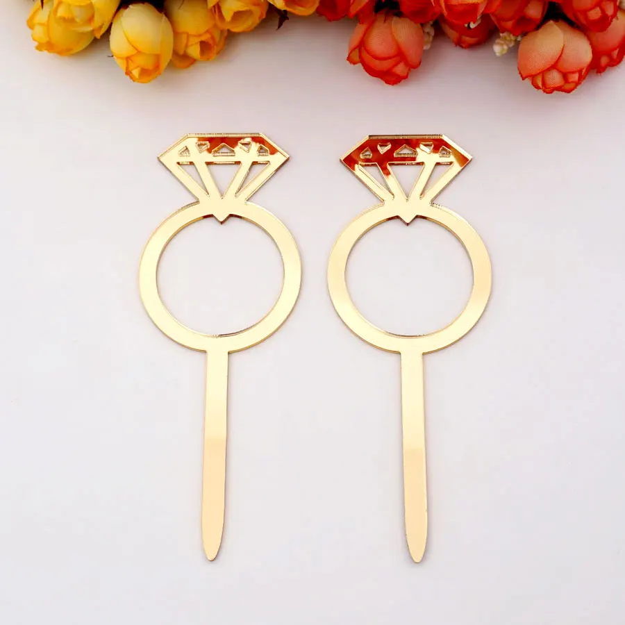 Acrylic Diamond Ring Cake Topper 10cm Height Mirror Wedding Sign Cupcake Toppers for Birthday Party DIY Decoration Supplies