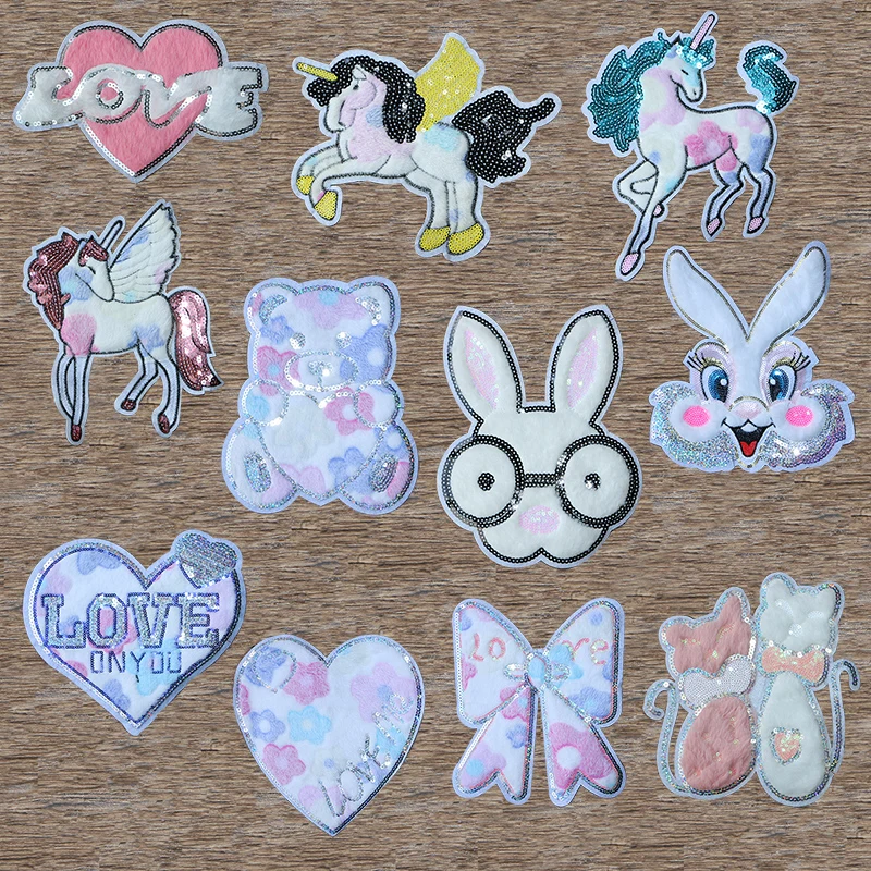 Unicorn Cat Rabbit Bear Heart-shaped Fluff Sequins Icon Embroidery Applique Patch For Clothes DIY Iron on Badges on the Backpack