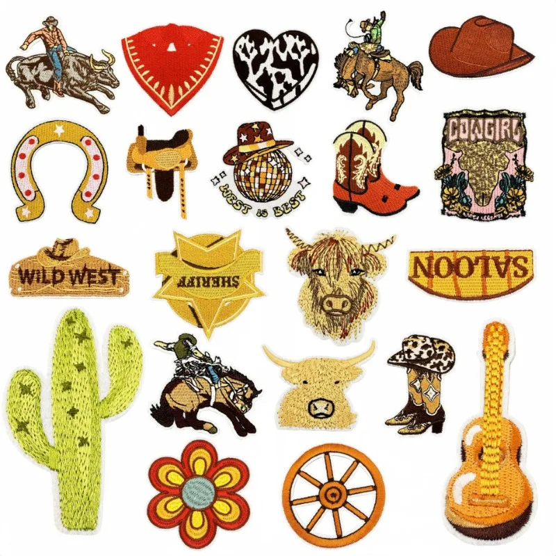 Farm Pastoral Style Cowboy Boots Cactus Yak Iron-on Sew Embroidered Badge Patches for DIY T-shirt Backpack Clothing Appliques