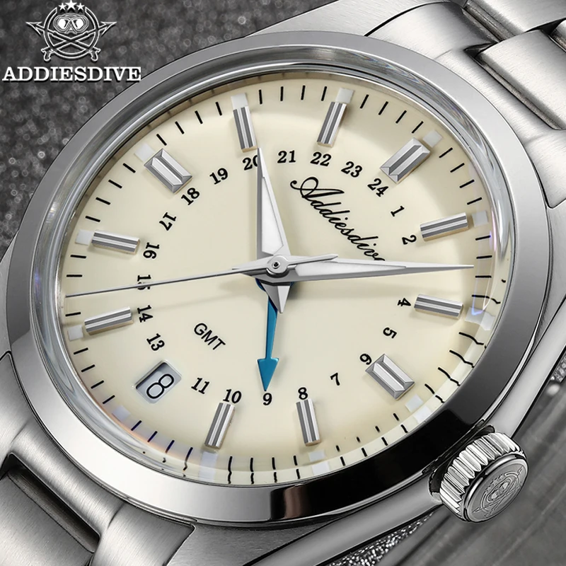 ADDIESDIVE GMT New Watch Quartz Wristwatch Swiss Movement 100m Waterproof Domed Glass Date Luminous Stainless Steel 36mm Watch
