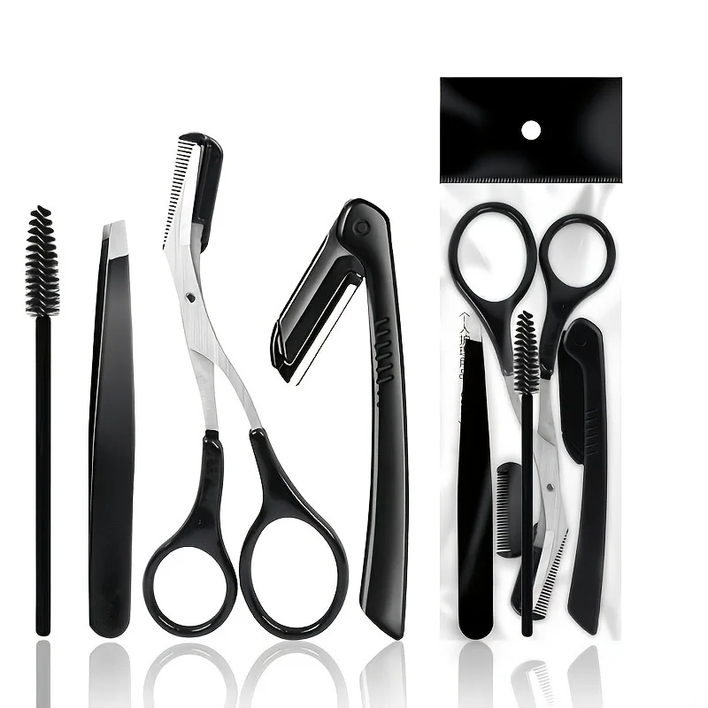 4pcs Set Stainless Steel Folding Eyebrow Scissors, Black Eyebrow Trimming Scissors with Comb, Stainless Steel Slanted Tweezers