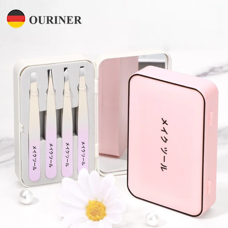 4 Pcs Eyebrow Grooming Tweezers Stainless Steel Thick Edge Accurate Tip Effortless Squeeze Essentials‌ With Mirror box