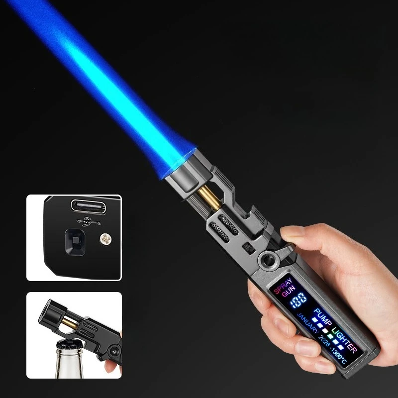 Metal Intelligent LED Display Screen Large Flame Spray Gun Lighter Windproof Bottle Opener Welding Barbecue Outdoor Igniter